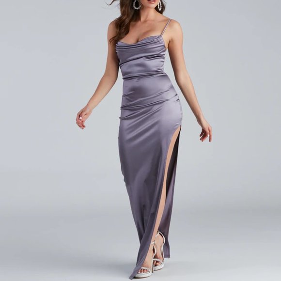 Lola High Slit Satin Dress 2 - Windsor - Picture 1 of 3